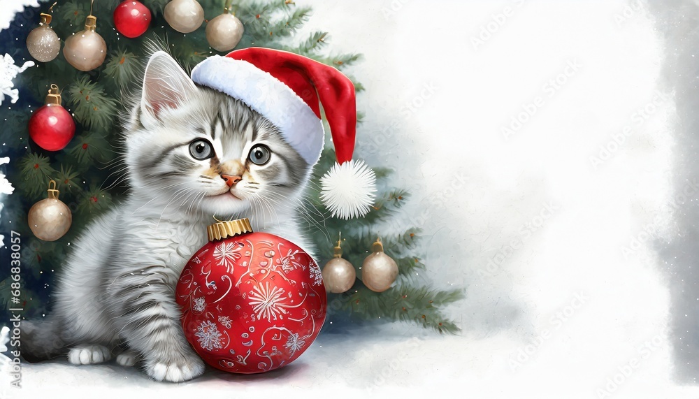 Mały, słodki kotek w czapce Świętego Mikołaja trzyma w łapkach czerwoną bombkę. Bożonarodzeniowe tło, kartka świąteczna - obrazy, fototapety, plakaty 