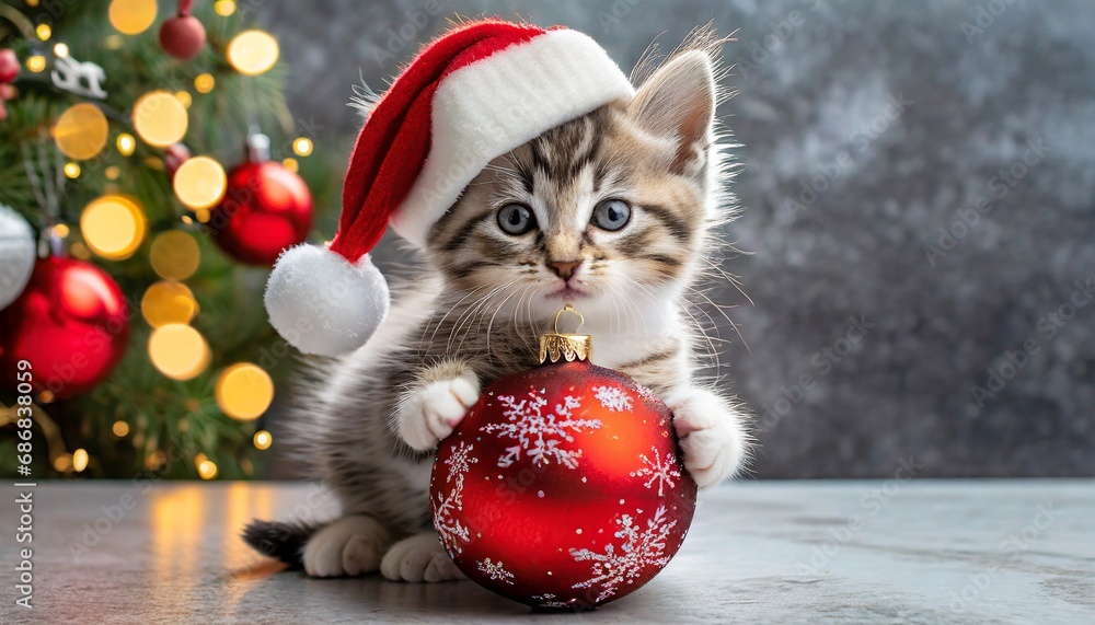 Mały, słodki kotek w czapce Świętego Mikołaja trzyma w łapkach czerwoną bombkę. Bożonarodzeniowe tło, kartka świąteczna - obrazy, fototapety, plakaty 