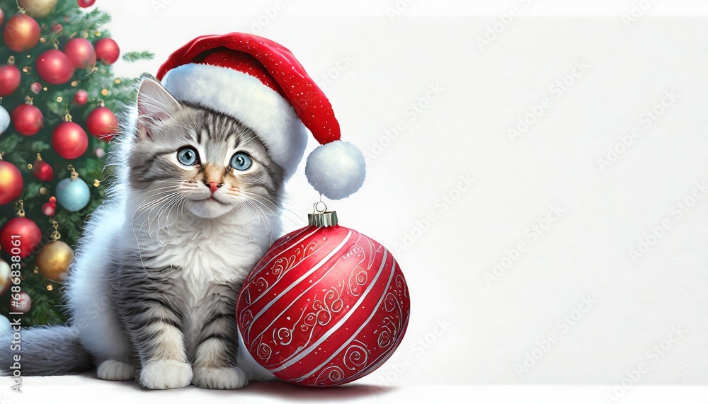 Mały, słodki kotek w czapce Świętego Mikołaja trzyma stoi obok wielkiej czerwonej bombki i choinki. Bożonarodzeniowe tło, kartka świąteczna z miejscem na tekst - obrazy, fototapety, plakaty 