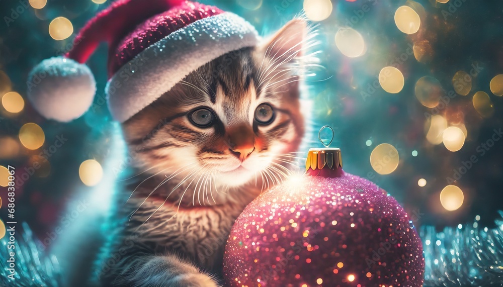 Kot w czerwonej czapce z białym pomponem trzyma w łapkach ogromną bombkę. Kartka, tło na Boże Narodzenie - obrazy, fototapety, plakaty 