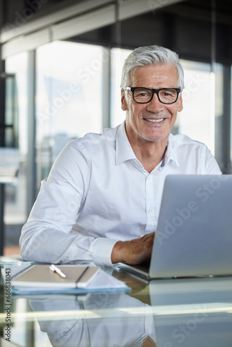 Businessman working in office, using laptop