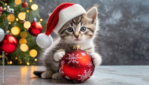 Mały, słodki kotek w czapce Świętego Mikołaja trzyma w łapkach czerwoną bombkę. Bożonarodzeniowe tło, kartka świąteczna