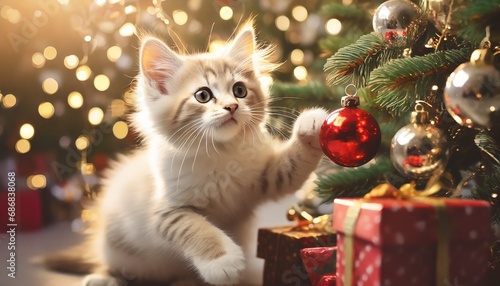 A small, cute kitten is trying to throw off a bauble hanging on a Christmas tree. Card, Christmas background
