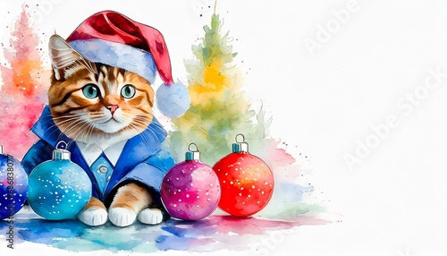Kot w garniturze i czapce Świętego mikołaja otoczony przez bombki. Kolorowe tło bożonarodzeniowe z miejscem na tekst