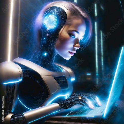 Kobieta-robot pisząca na komputerze. Motyw udoskonalania rasy ludzkiej, sztucznej inteligencji i rozwoju technologii