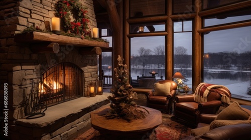 Log house decorated for Christmas. Cozy interior of log house