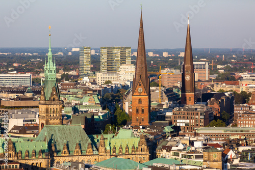 Aerial view of the City Hall, Church of Saint Peter and St. James' Church in Hamburg photo