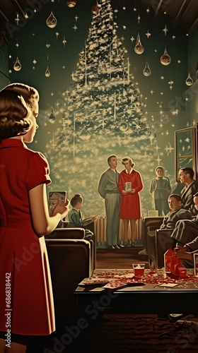 Classic Christmas Xmas Holiday Photo of Family, Christmas Tree, Christmas Lights, and more 