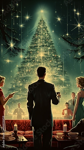 Classic Christmas Xmas Holiday Photo of Family, Christmas Tree, Christmas Lights, and more 
