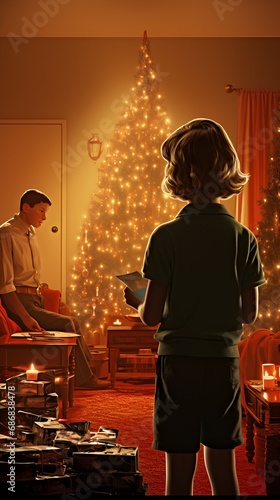 Classic Christmas Xmas Holiday Photo of Family, Christmas Tree, Christmas Lights, and more 