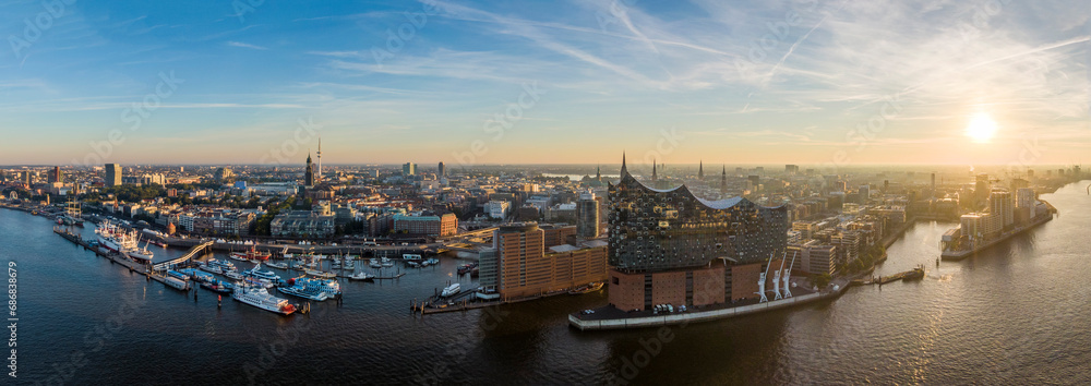 Aerial panorama of Hamburg with Elbphilharmonie in the foreground