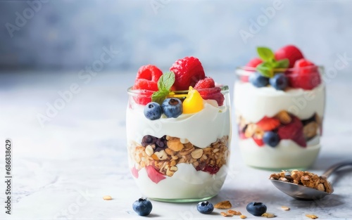 Layers of yogurt, granola, and mixed fruits, creating a delightful and healthy dessert