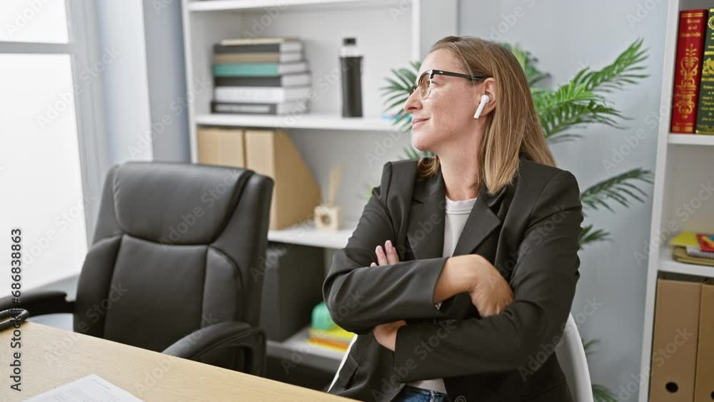In the midst of success, a young blonde business woman worker, elegantly resting with crossed arms gesture, enjoys audio relaxation through earphones at her vibrant office workplace. In the midst of success, a young blonde business woman worker, elegantly resting with crossed arms gesture, enjoys audio relaxation through earphones at her vibrant office workplace.