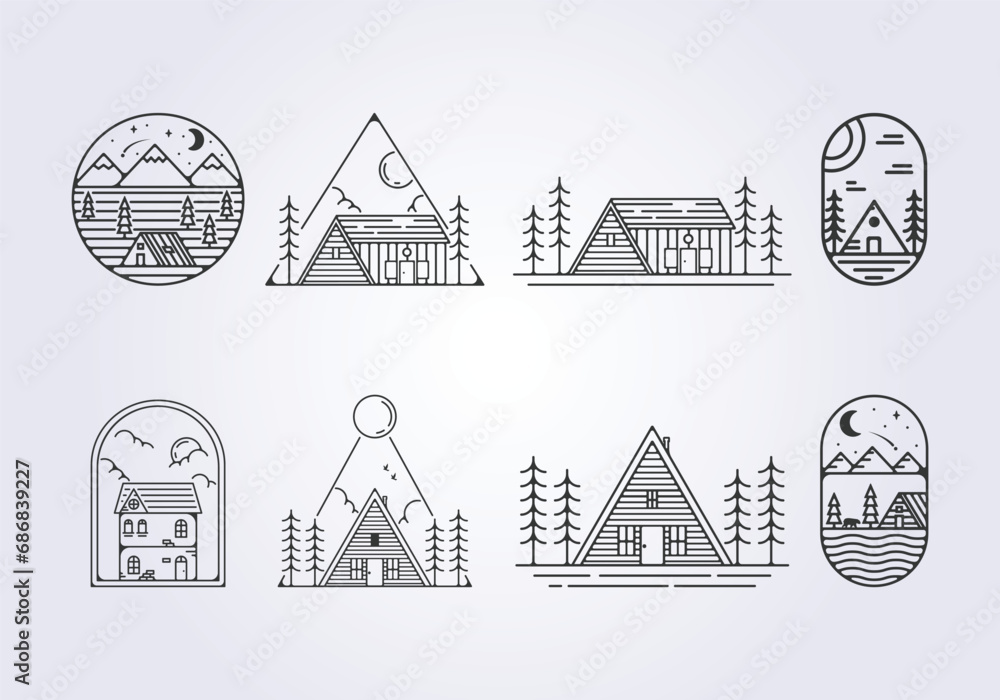 bundle of cottage cabin logo vector, forest cabin villa illustration icon template design - obrazy, fototapety, plakaty 