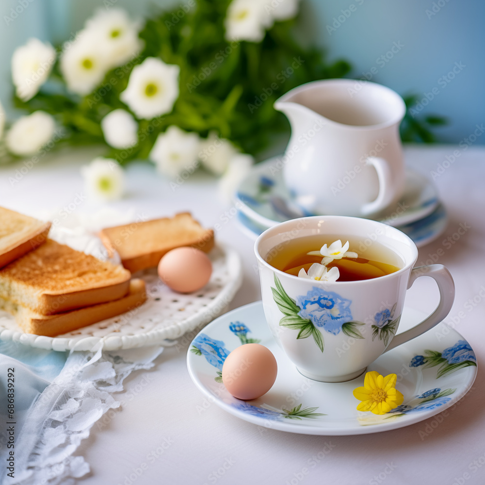 Morning Composition: Breakfast Spread on the Table with Eggs, Toasts, and a Cup of Green Tea, Radiating Serenity in Soft, Gentle Tones – Capturing the Tranquil Start of the Day Morning Composition: Breakfast Spread on the Table with Eggs, Toasts, and a Cup of Green Tea, Radiating Serenity in Soft, Gentle Tones – Capturing the Tranquil Start of the Day