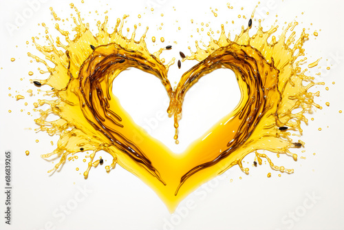 Splashes and drops of flaxseed oil and flax seeds form a heart shape on a light background.