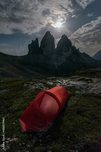 Italy, Sexten Dolomites, Tre Cime di Lavaredo, Nature Park Tre Cime, red tent in the foreground photo