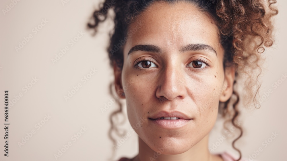 An intimate portrayal of a Moroccan woman, her imperfect skin visible as she poses against a light beige studio setting. An intimate portrayal of a Moroccan woman, her imperfect skin visible as she poses against a light beige studio setting.