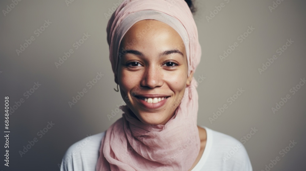 A closeup image showcasing a Moroccan woman confidently looking at the camera, her flawed skin highlighted, against a soft beige background. A closeup image showcasing a Moroccan woman confidently looking at the camera, her flawed skin highlighted, against a soft beige background.