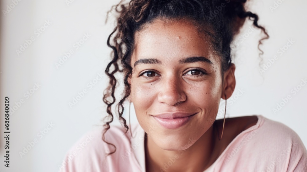 A tightly framed photograph capturing the closeup of a Moroccan woman with imperfect skin, against a studio light beige backdrop. A tightly framed photograph capturing the closeup of a Moroccan woman with imperfect skin, against a studio light beige backdrop.