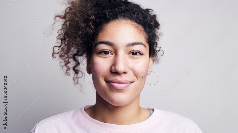A closeup image showcasing a Moroccan woman confidently looking at the camera, her flawed skin highlighted, against a soft beige background. A closeup image showcasing a Moroccan woman confidently looking at the camera, her flawed skin highlighted, against a soft beige background.