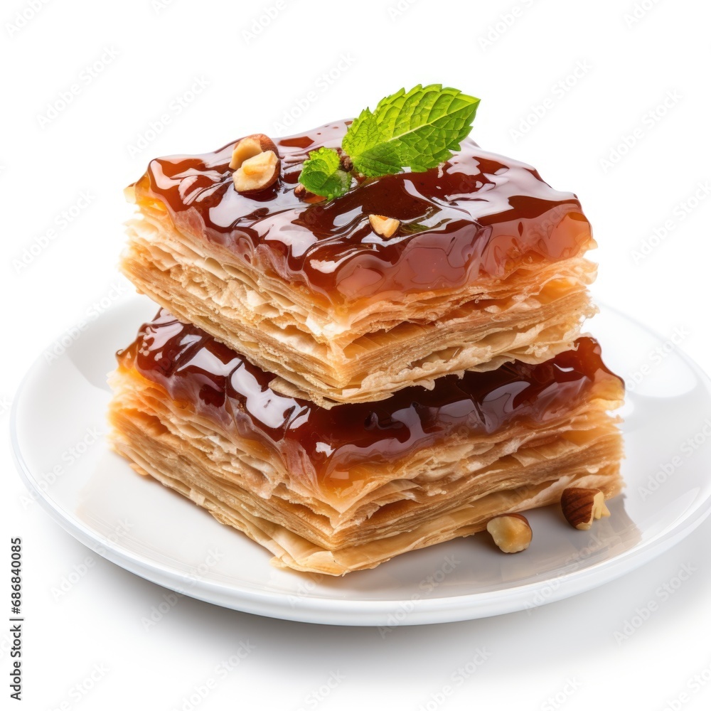 A white plate topped with three pieces of dessert. A white plate topped with three pieces of dessert.