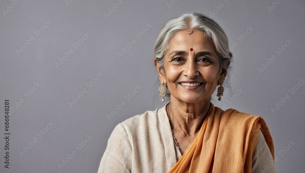 Graceful elderly Indian woman with a warm smile wearing traditional ...