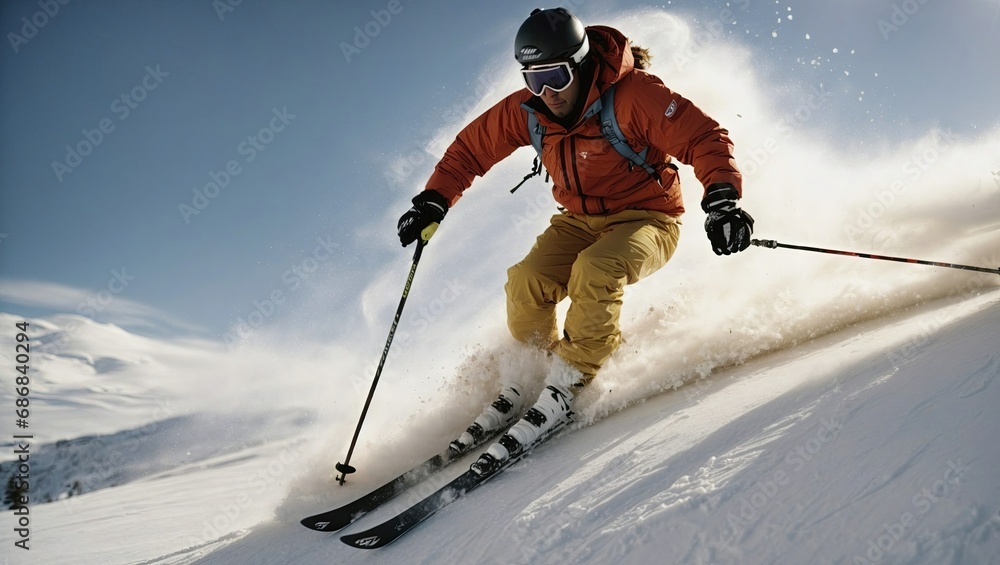 Athletic skier in motion on a snowy slope with mountain scenery, showcasing skill and speed in a vibrant winter setting Athletic skier in motion on a snowy slope with mountain scenery, showcasing skill and speed in a vibrant winter setting