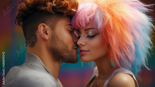 Multiethnic couple in love with multi-colored hair kissing on Valentine's Day. Portrait close up.