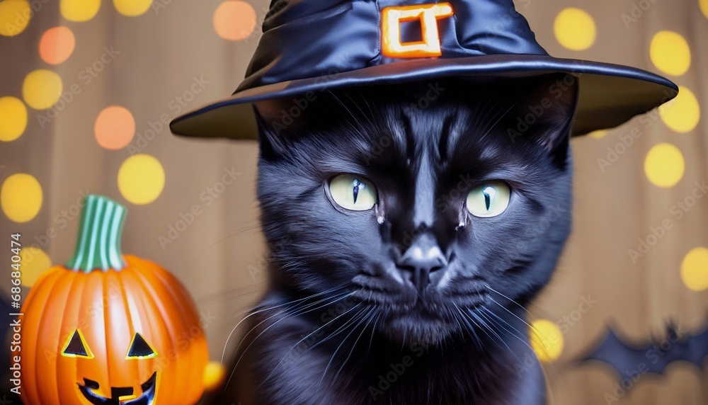 a cat with a magic hat and a Hokkaido pumpkin illustration suitable for Halloween