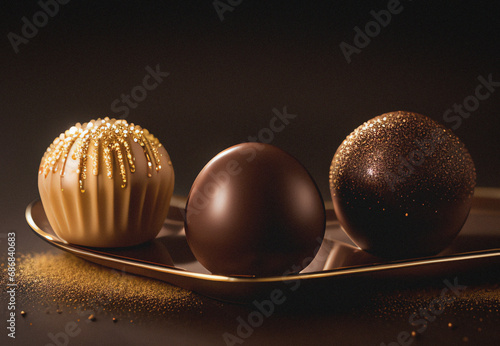 Chocolate candies on a black background with golden sparkles.