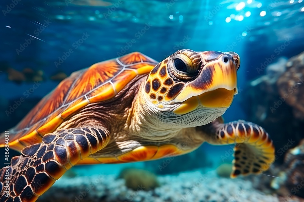 A green sea turtle swims near the reefs. Close-up. A green sea turtle swims near the reefs. Close-up.
