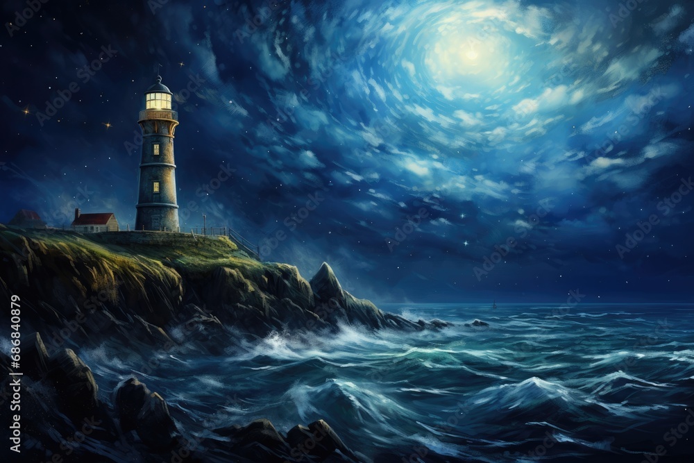 Starry Night and a Seaside Lighthouse