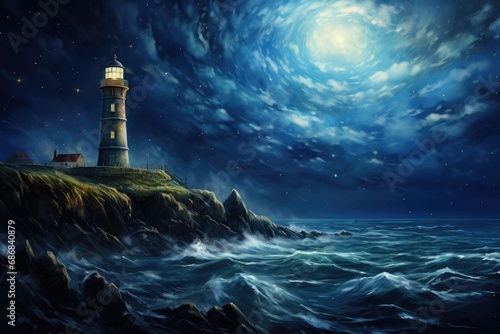 Starry Night and a Seaside Lighthouse