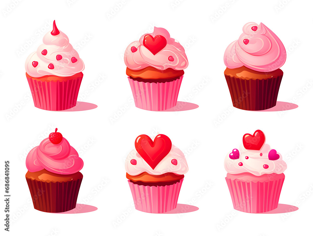 Illustration of a cupcakes with frosting and hearts decorations on white background 