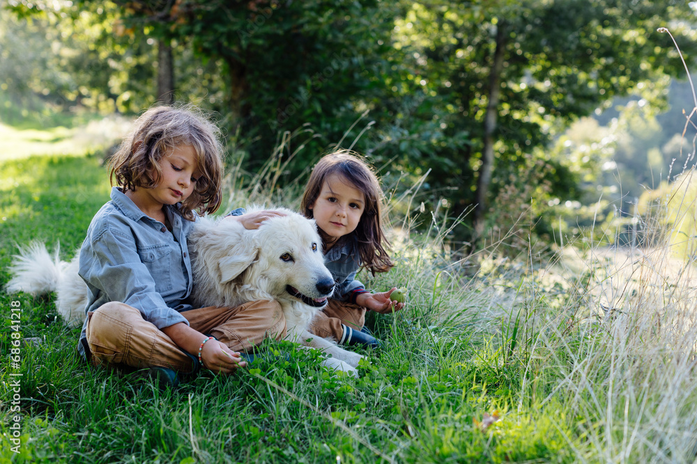 Two kids relaxing with dog on a meadow Two kids relaxing with dog on a meadow