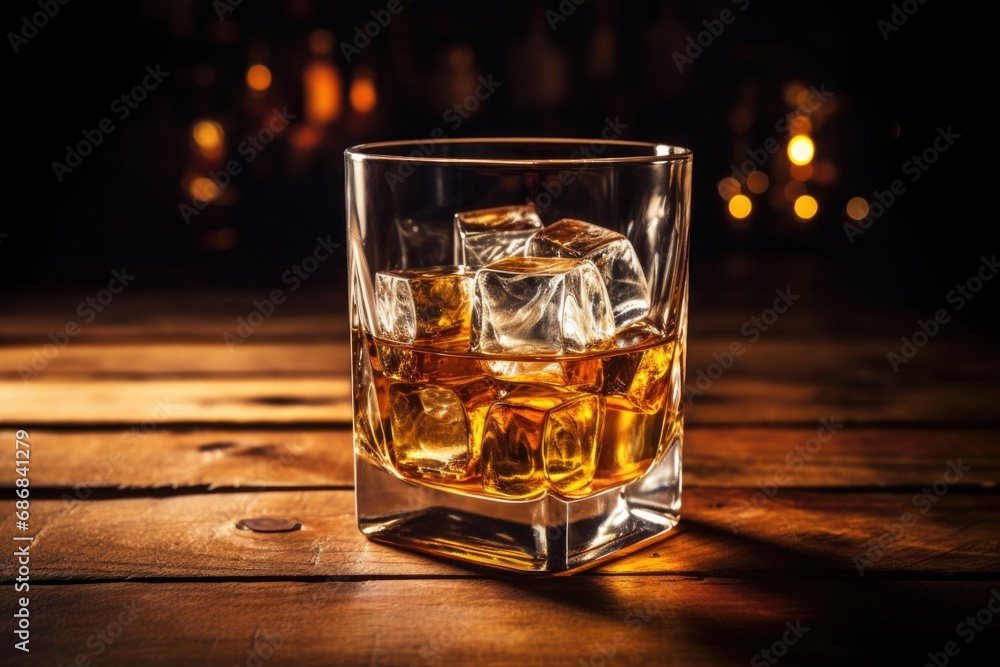 whiskey with ice on a wooden table whiskey with ice on a wooden table