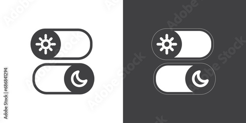 Flat icon of Day and Night Mode Switcher. Day and night mode switch icons isolated on black white background. Dark and light mode icons vector illustration.