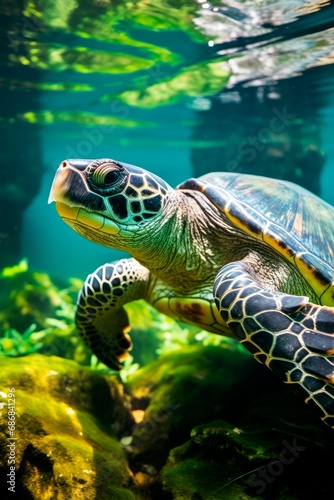 Green sea turtle swims underwater close-up © Anastasiya