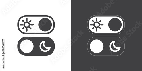 Simple icon of Day and Night Mode Switcher. Day and night mode switch vector flat icons isolated on black white background. Dark and light mode icons.