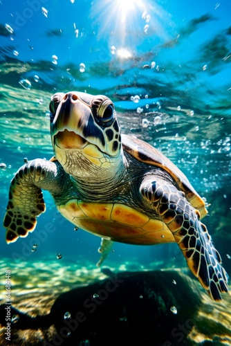 Green sea turtle swims underwater close-up
