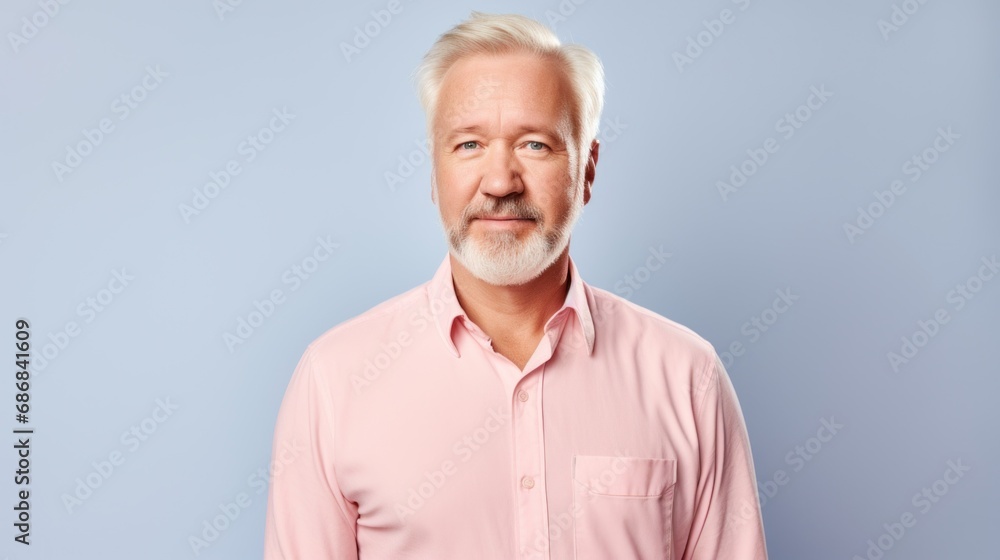 An elderly gentleman displays joy while looking at the camera against a beige-pink backdrop. An elderly gentleman displays joy while looking at the camera against a beige-pink backdrop.