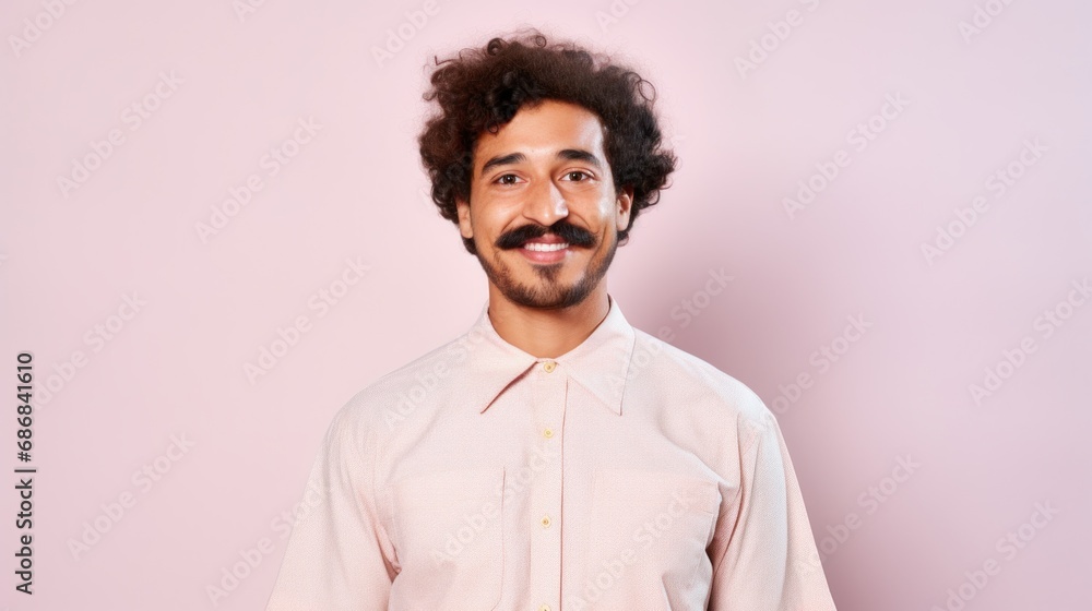 Fototapeta premium A senior man with varying skin tones poses happily against a studio-lit pinkish background.