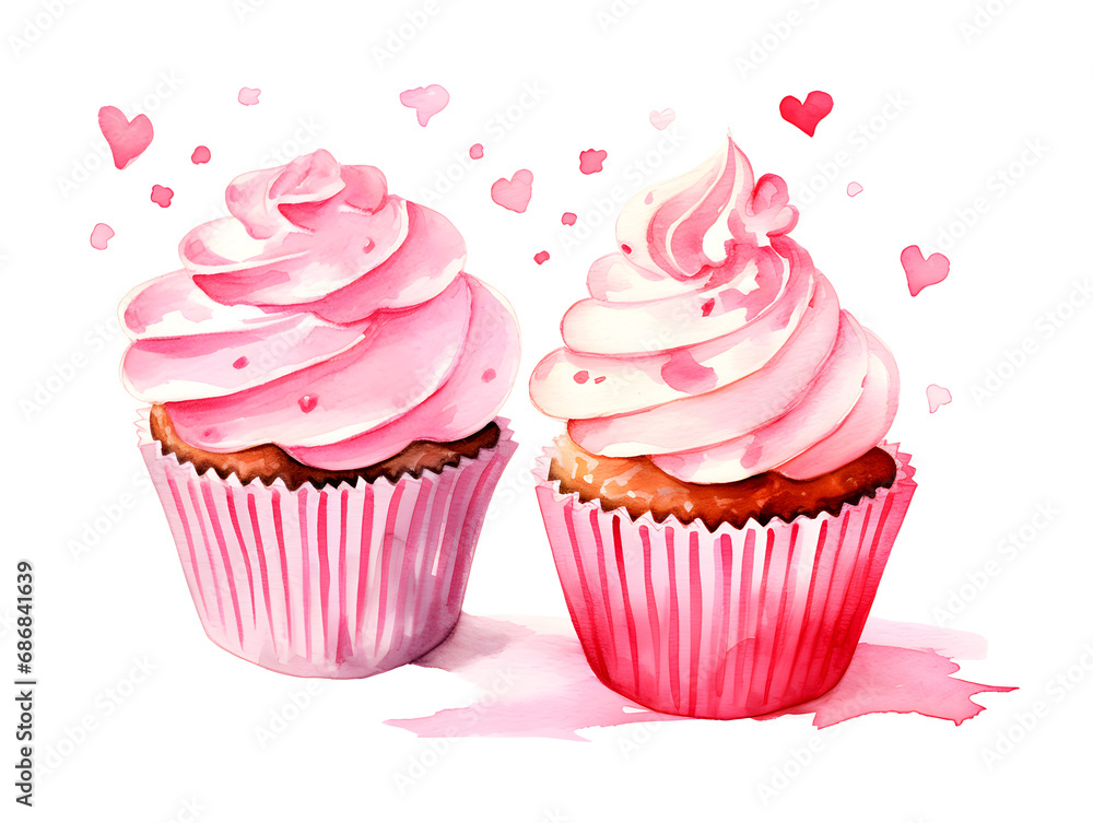 Watercolor illustration of a cupcakes with frosting and hearts decorations on white background Watercolor illustration of a cupcakes with frosting and hearts decorations on white background