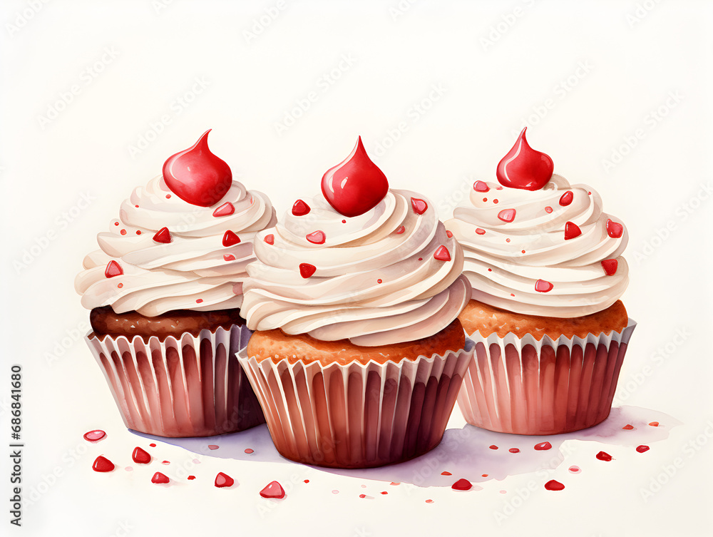 Watercolor illustration of a cupcakes with frosting and hearts decorations on white background 