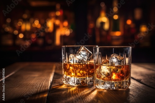 whiskey with ice on a wooden table © Дмитрий Баронин