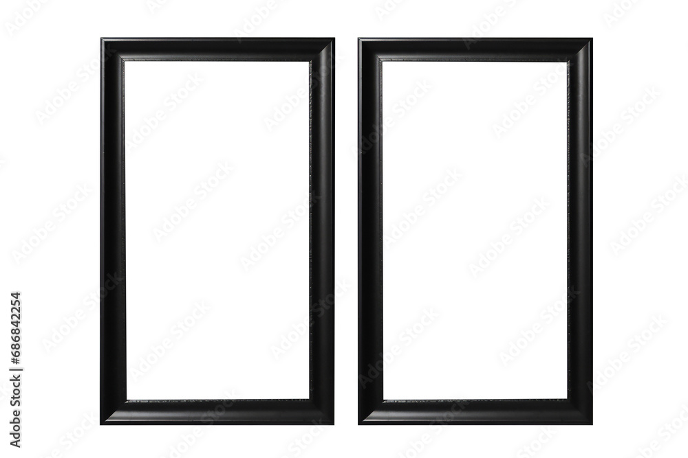 Two black portrait picture frames with an empty blank canvas for use as a border or home décor, png file cut out and isolated on a transparent background, computer Generative AI stock illustration ima Two black portrait picture frames with an empty blank canvas for use as a border or home décor, png file cut out and isolated on a transparent background, computer Generative AI stock illustration ima