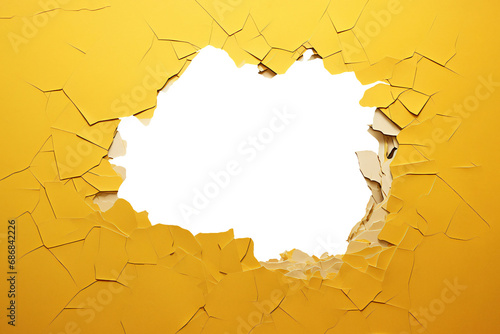 A yellow sheet of paper with a hole ripped and torn through the centre aperture opening making a frame or border for the underlying document, computer Generative AI stock illustration image
