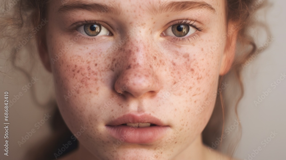 Imperfect skin and a confident gaze in a closeup portrait. Imperfect skin and a confident gaze in a closeup portrait.