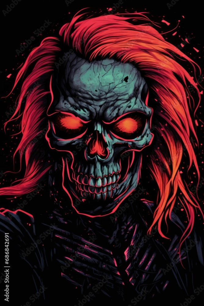 A skull with red hair and a black background.